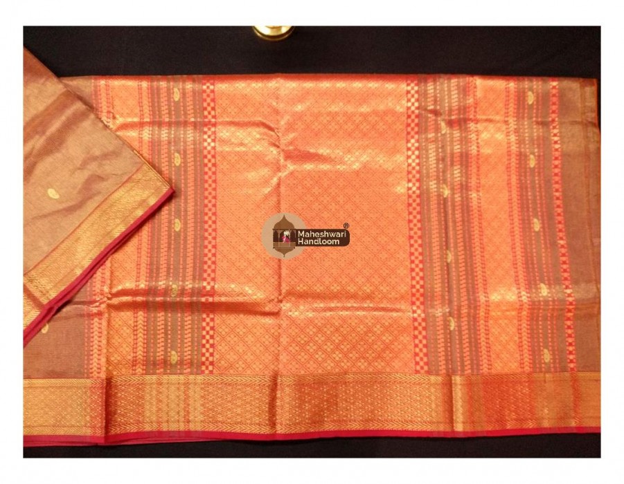 Maheshwari Orange Tissue Buti  Pallu Weaving Saree