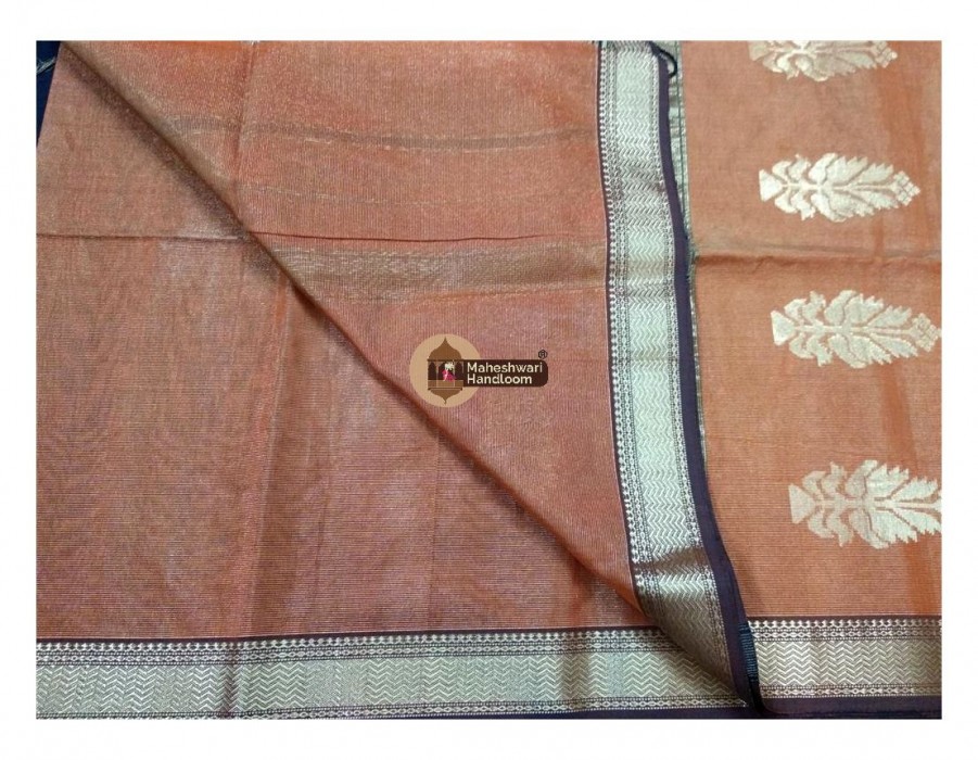 Maheshwari Orange  Tissue Buta Pallu Weaving Saree