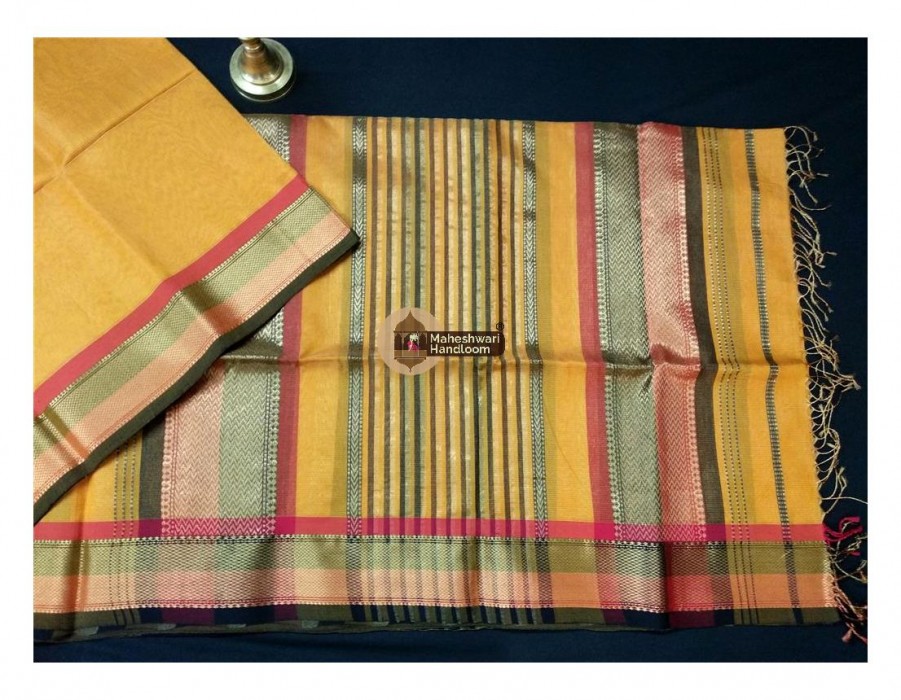 Maheshwari Yellow  Tissue  Pallu Weaving Saree