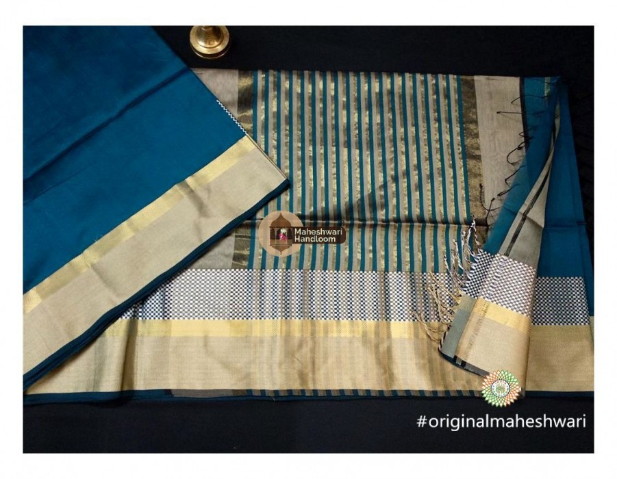 Maheshwari Rama Green Shatranj Border saree