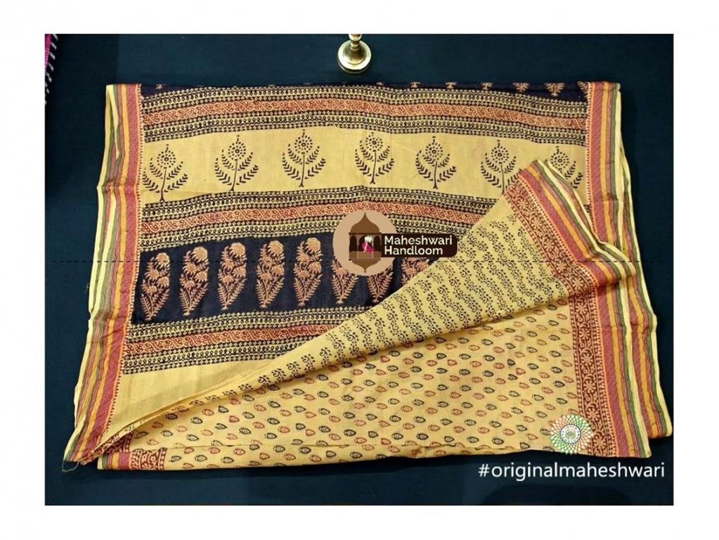 Maheshwari Cream Yellow Colour Bagh Print Saree