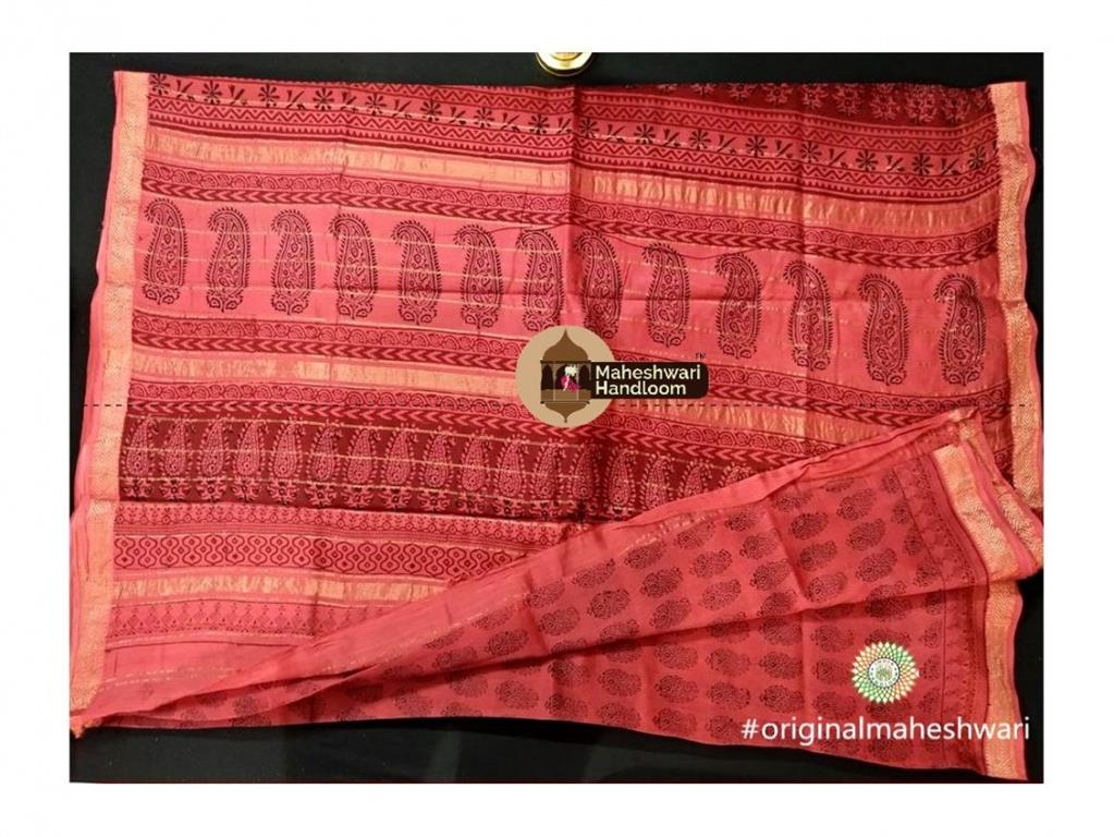 Maheshwari Red Bagh Print Saree