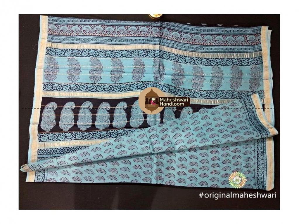 Maheshwari Light Sea Blue Bagh Print Saree