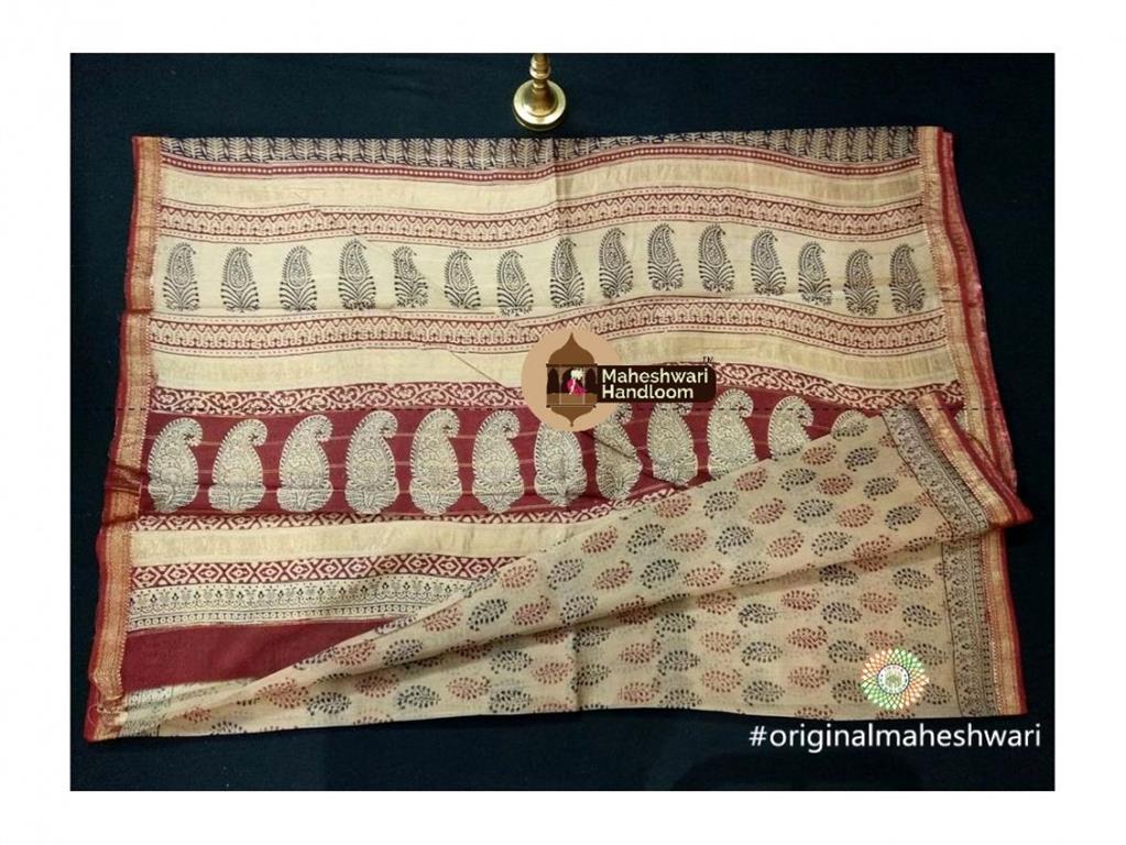 Maheshwari Cream Yellow Bagh Print Saree