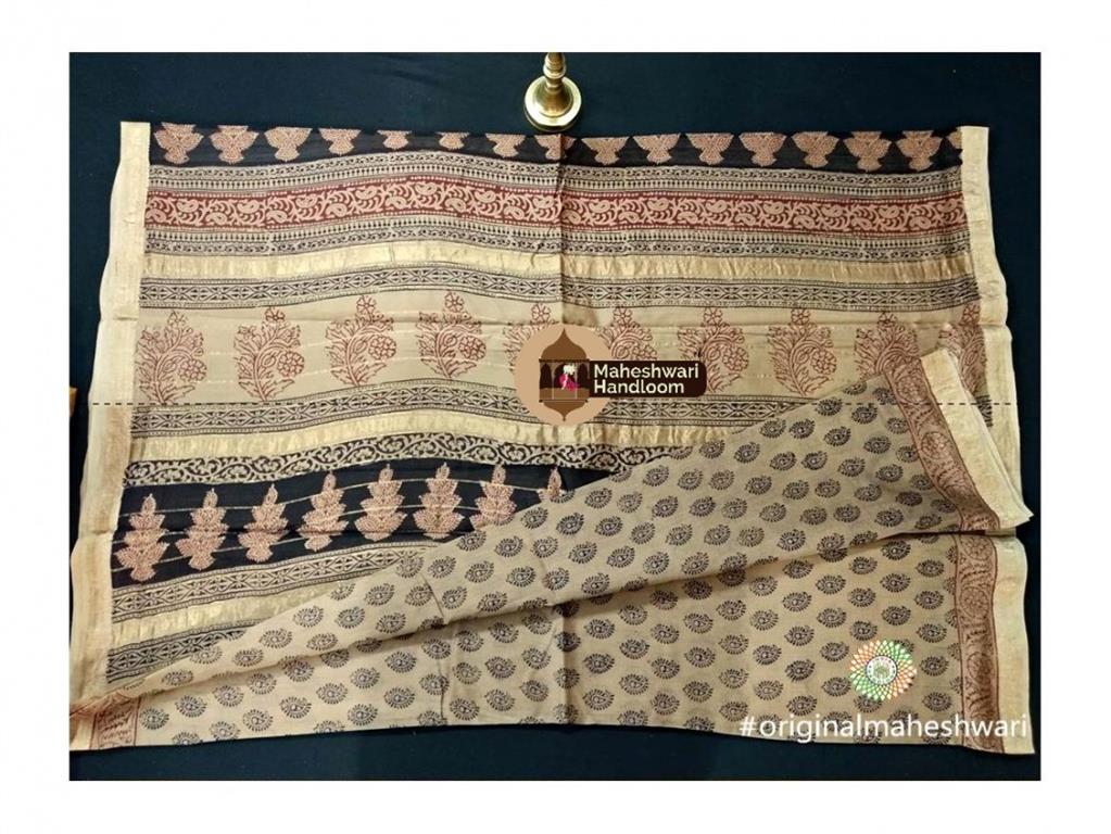  Maheshwari Cream Yellow Bagh Print Saree