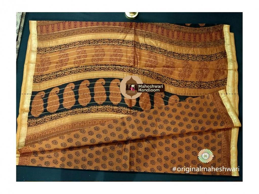 Maheshwari Yellow Brown Colour Bagh Print Saree 