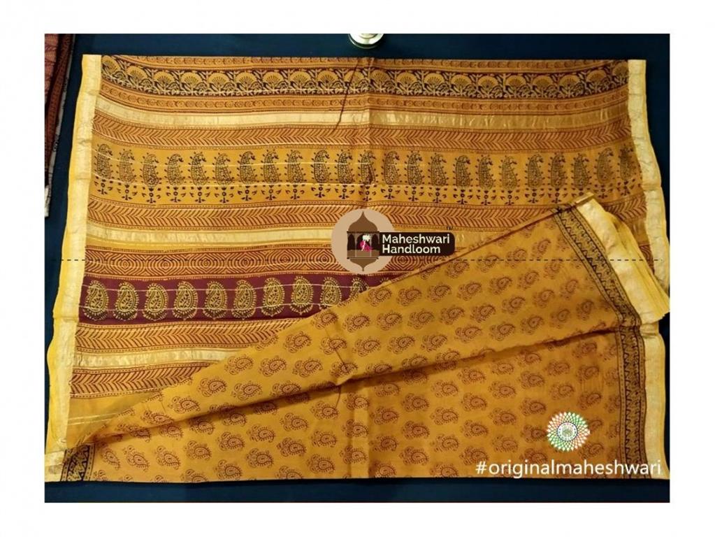 Maheshwari Mustard Yellow Bagh Print Saree