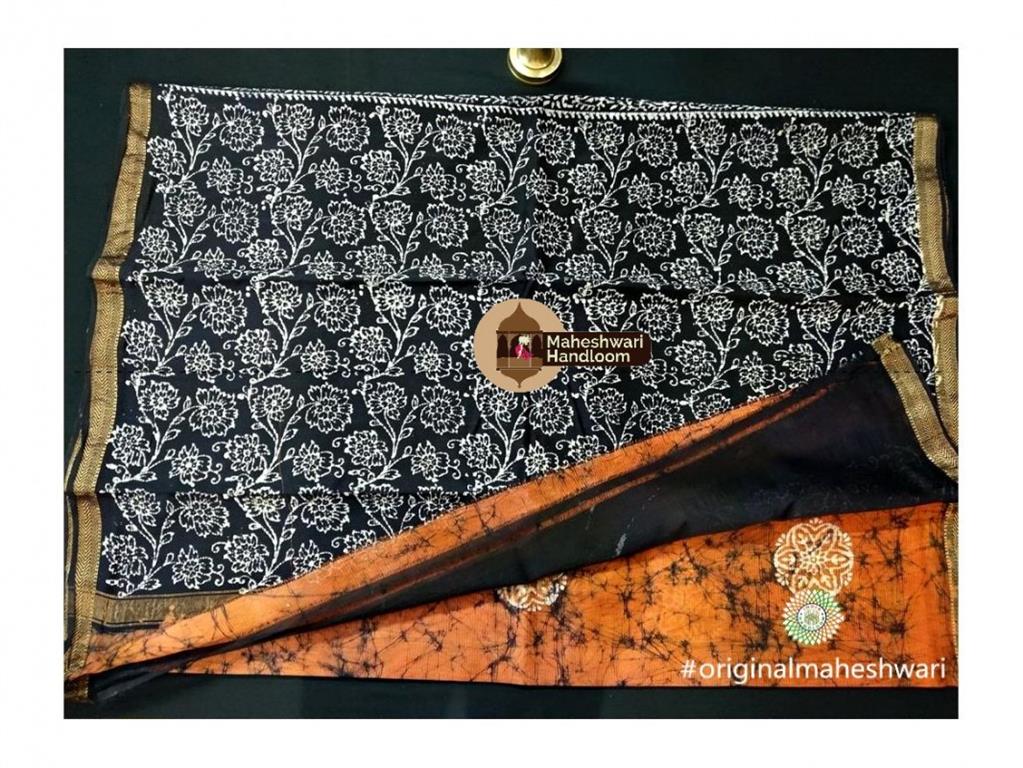 Maheshwari Orange Yellow Colour Batik Print Saree