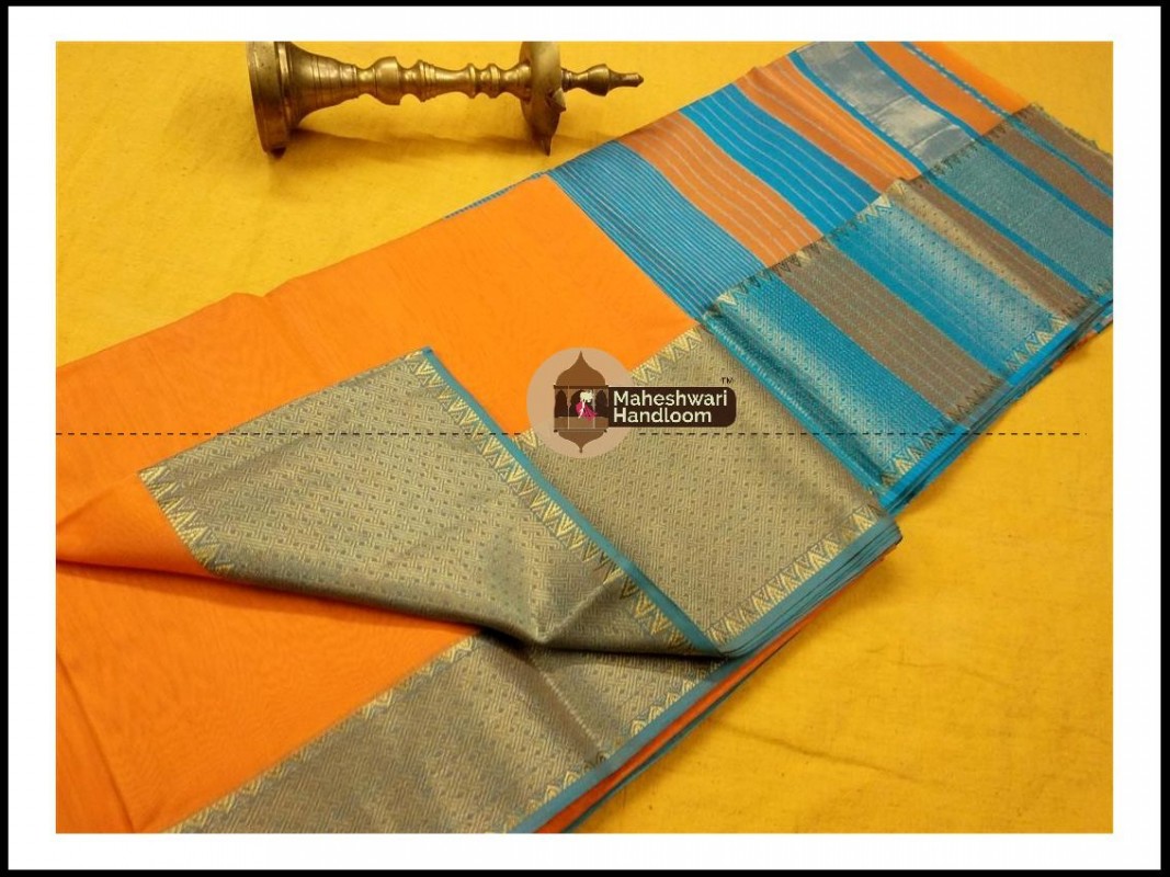 Maheshwari Orange Jari skirt Temple Border saree