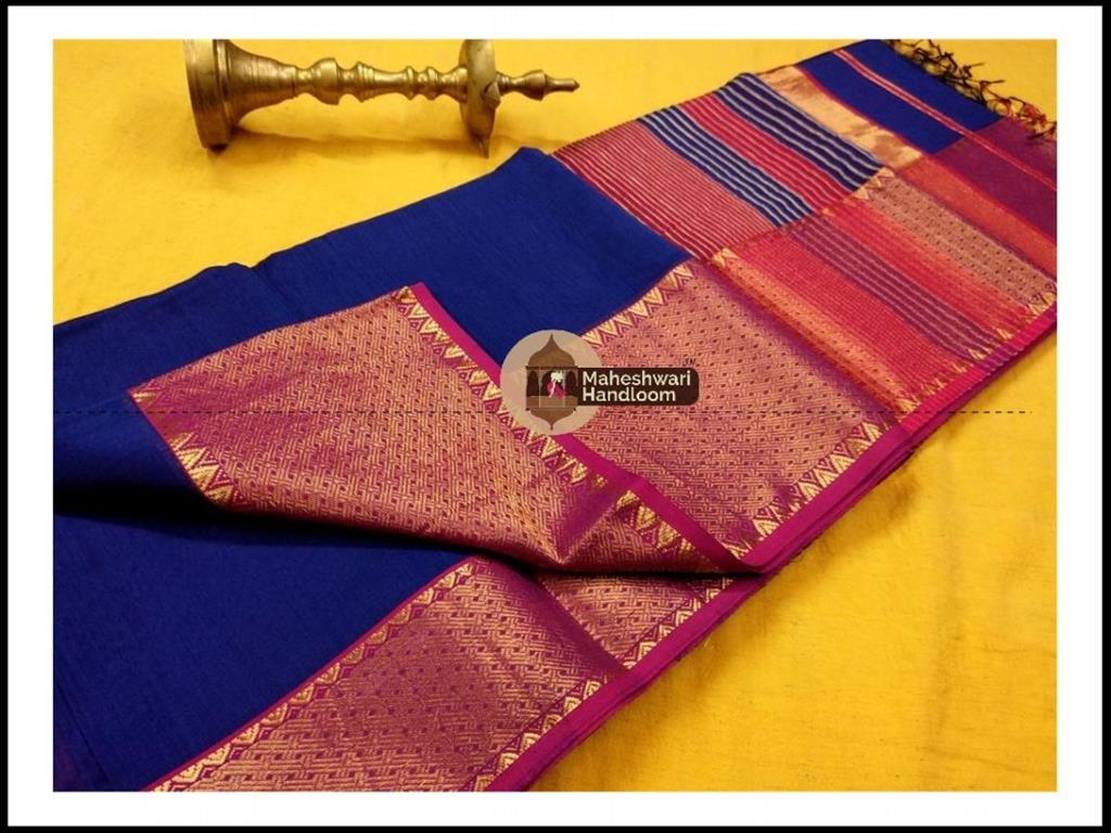 Maheshwari Blue Jari skirt Temple Border saree