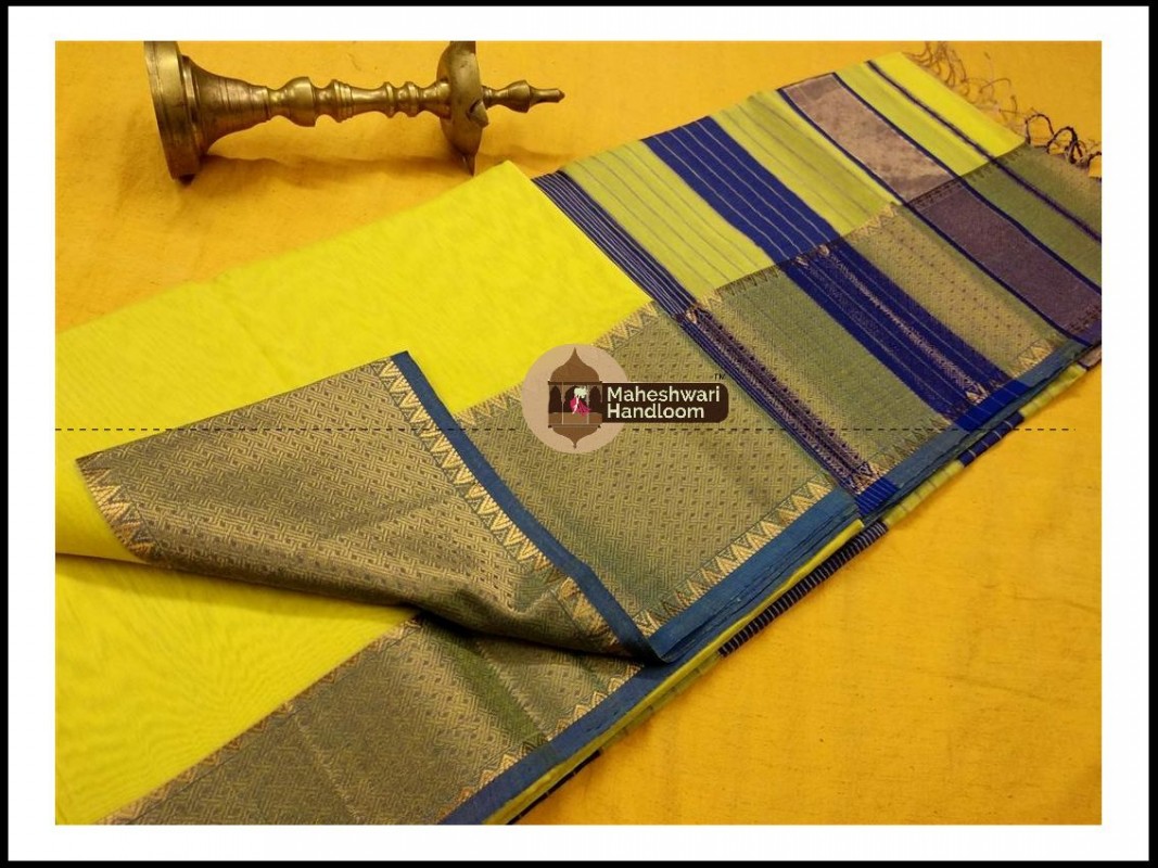 Maheshwari Light Yellow Jari skirt Temple Border saree 