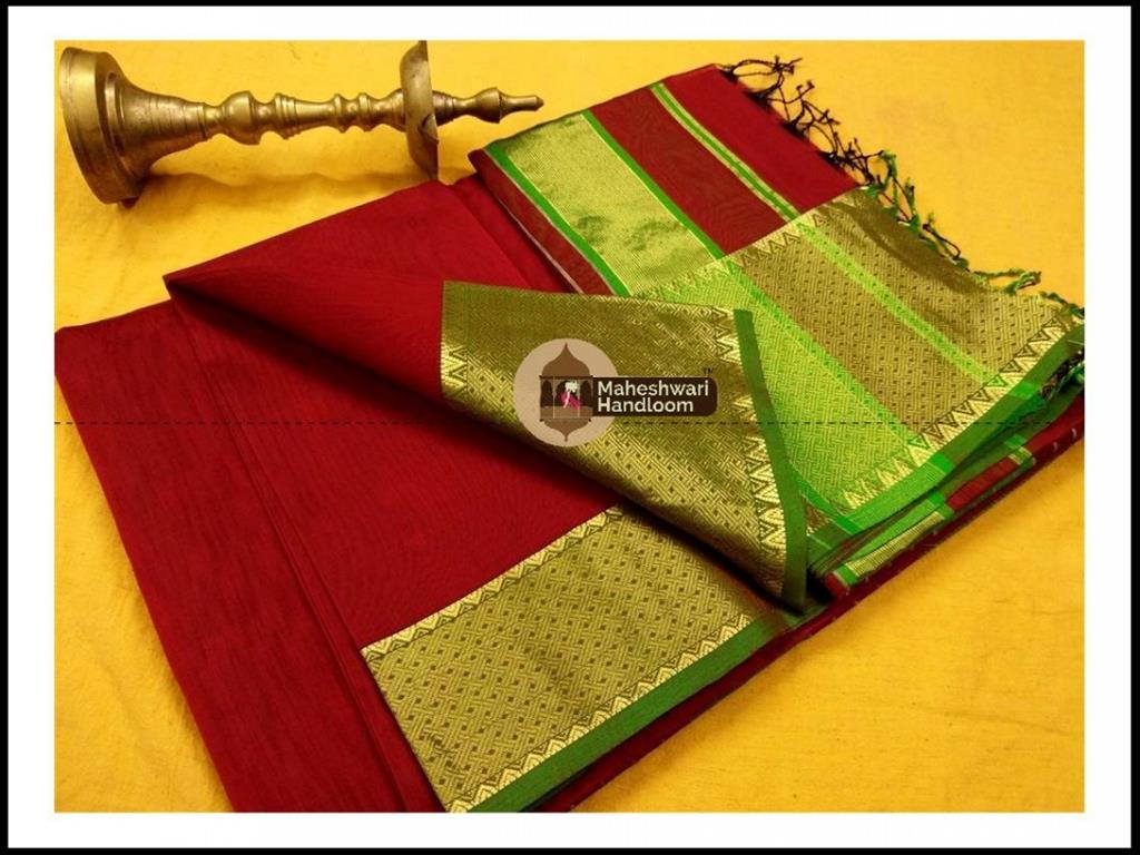 Maheshwari Maroon Red Jari skirt Temple Border saree
