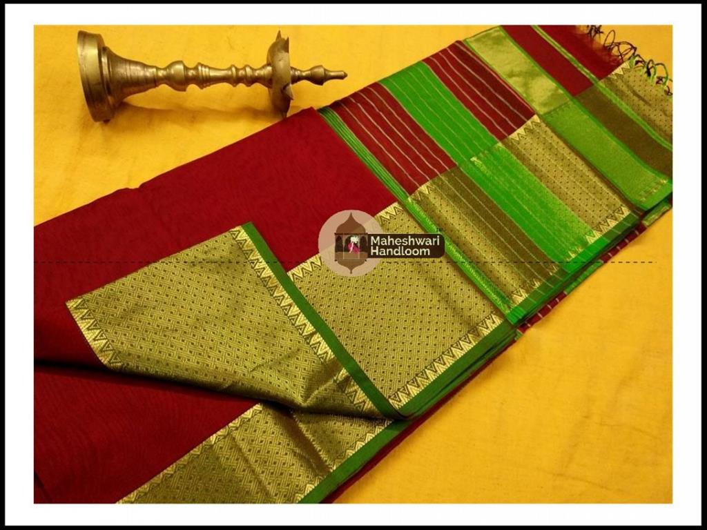 Maheshwari Maroon Red Jari skirt Temple Border saree