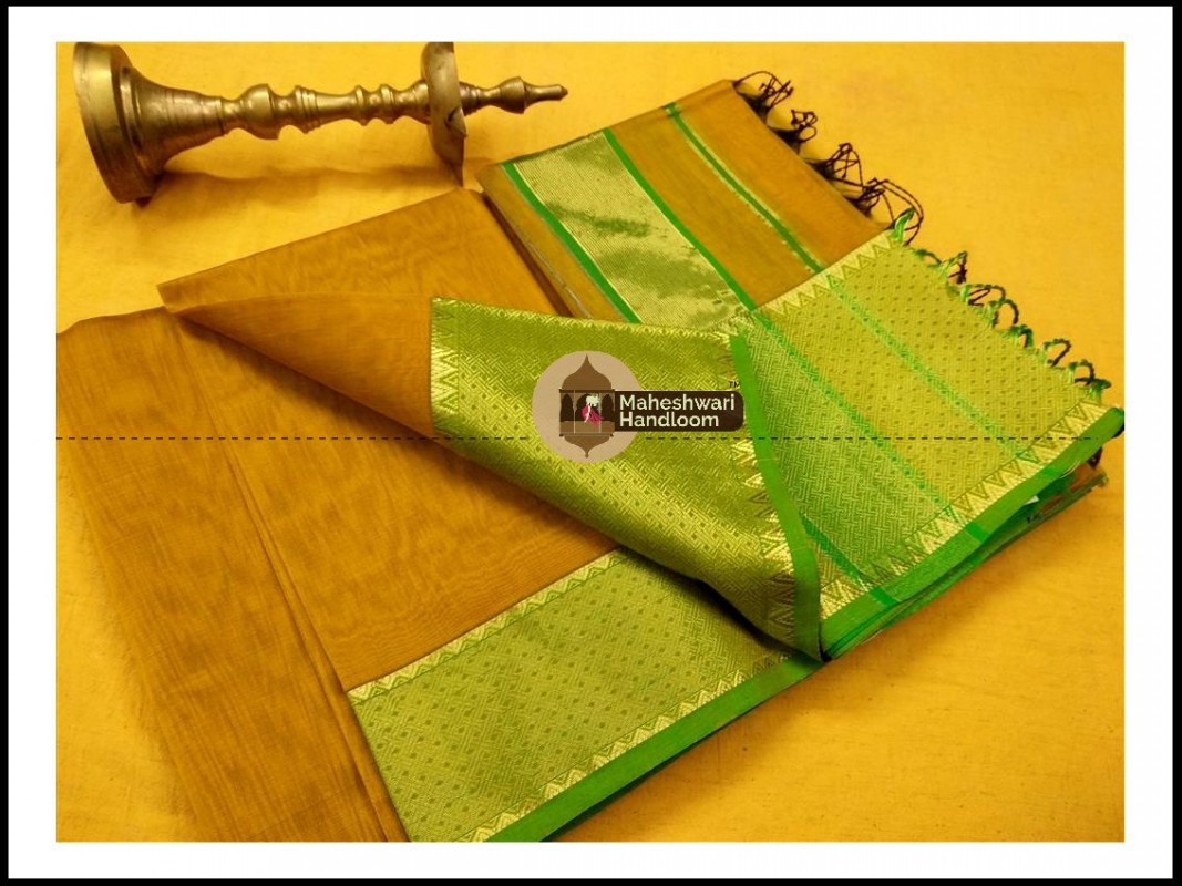 Maheshwari Mustard Yellow Jari skirt Temple Border saree