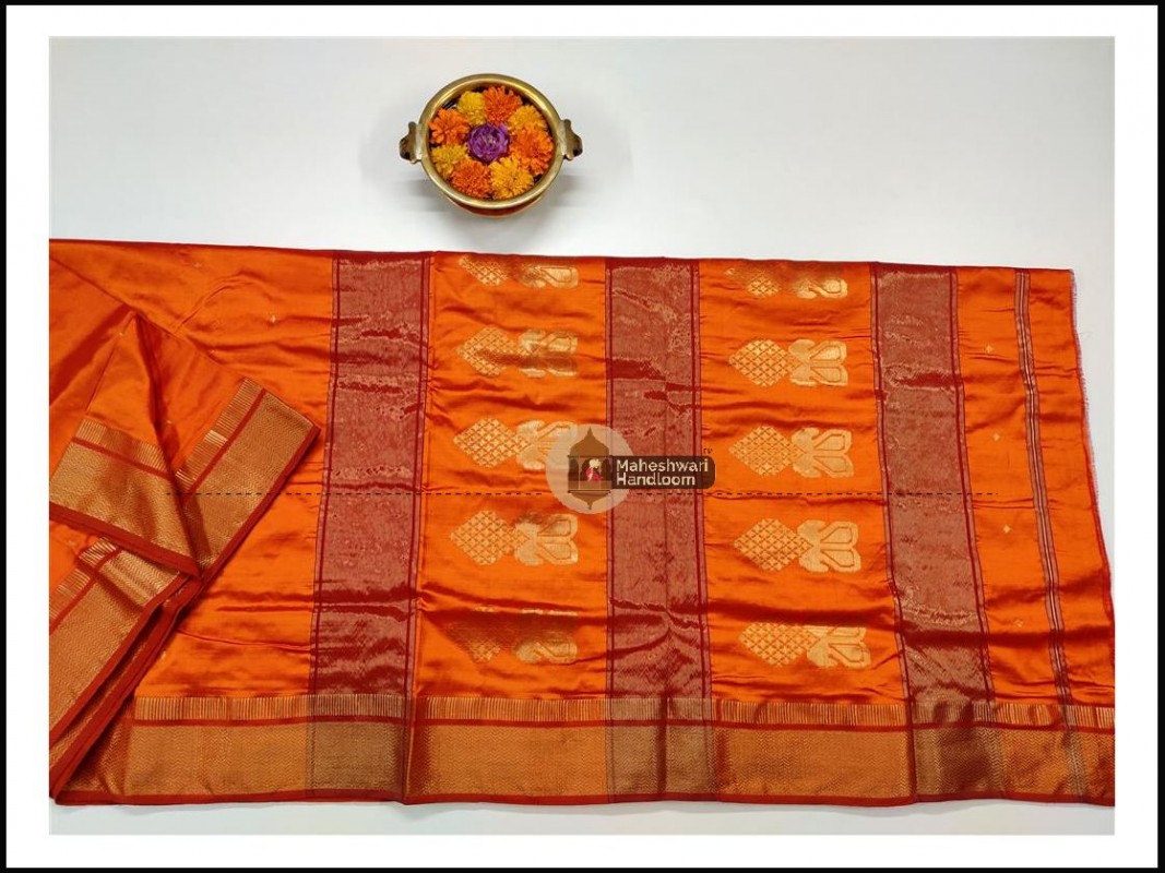 Maheshwari Orange Pure Silk Saree With Buta Buti Weaving