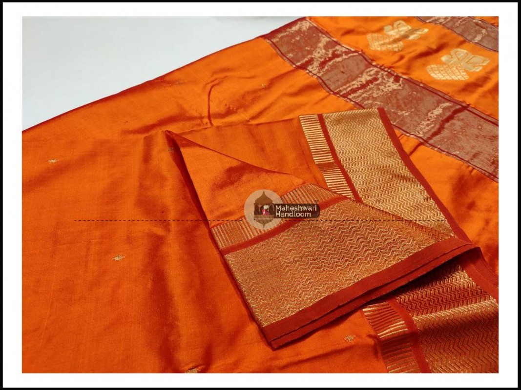 Maheshwari Orange Pure Silk Saree With Buta Buti Weaving