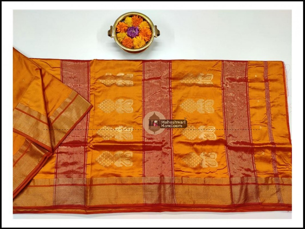 Maheshwari Golden Yellow Pure Silk Saree with Buta Buti Weaving