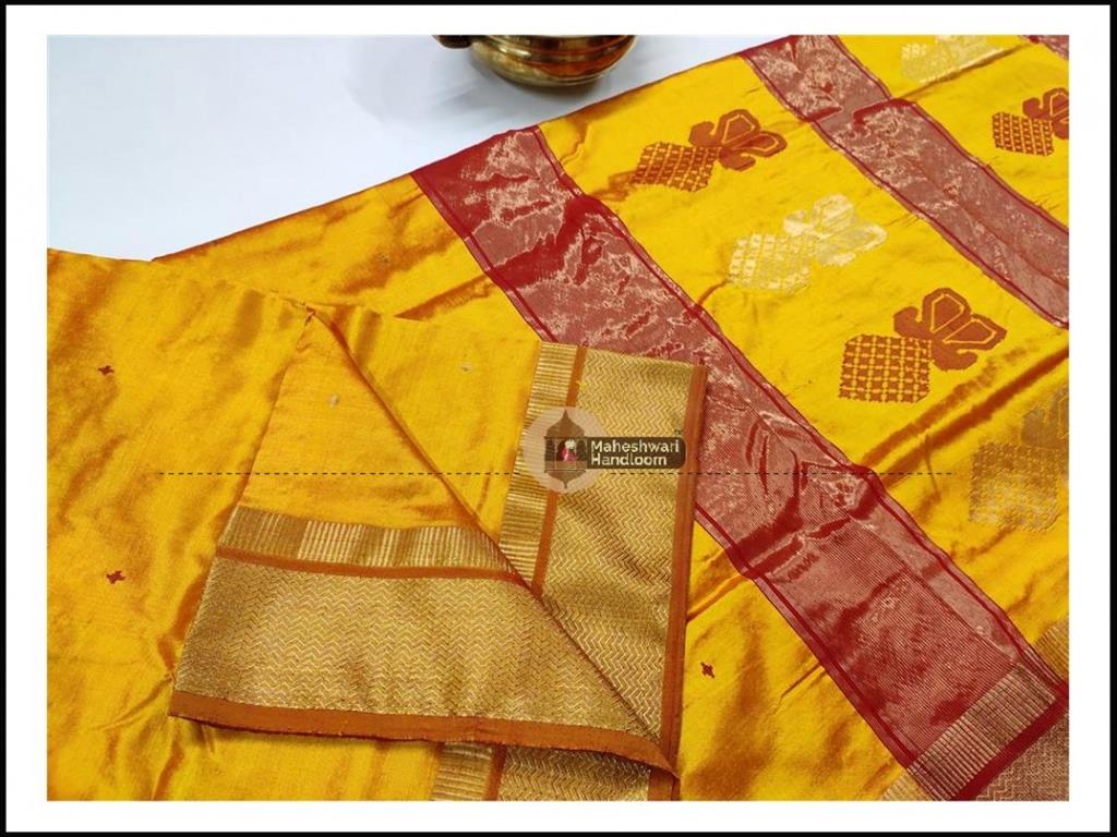 Maheshwari Yellow Pure Silk Saree With Buta Buti Weaving