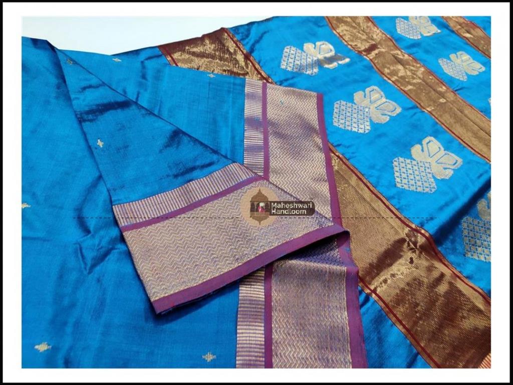 Maheshwari Firozi Pure Silk Saree With Buta Buti Weaving