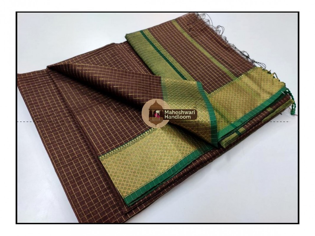 Maheshwari chocolate Brown Jari Checkered Weaving Saree