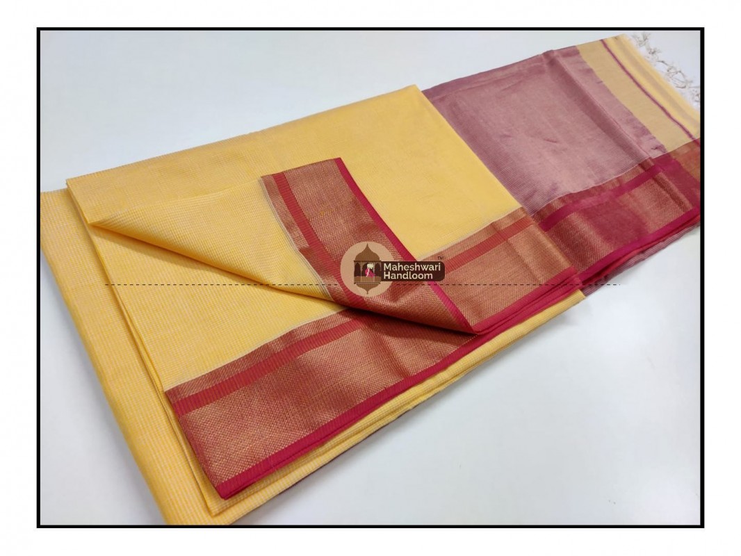 Maheshwari Cream Yellow Checks Fabric Saree