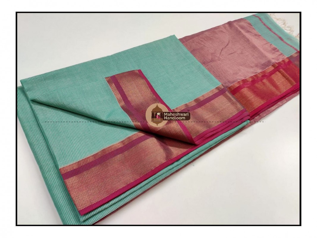 Maheshwari Sea Green Checks Fabric Saree