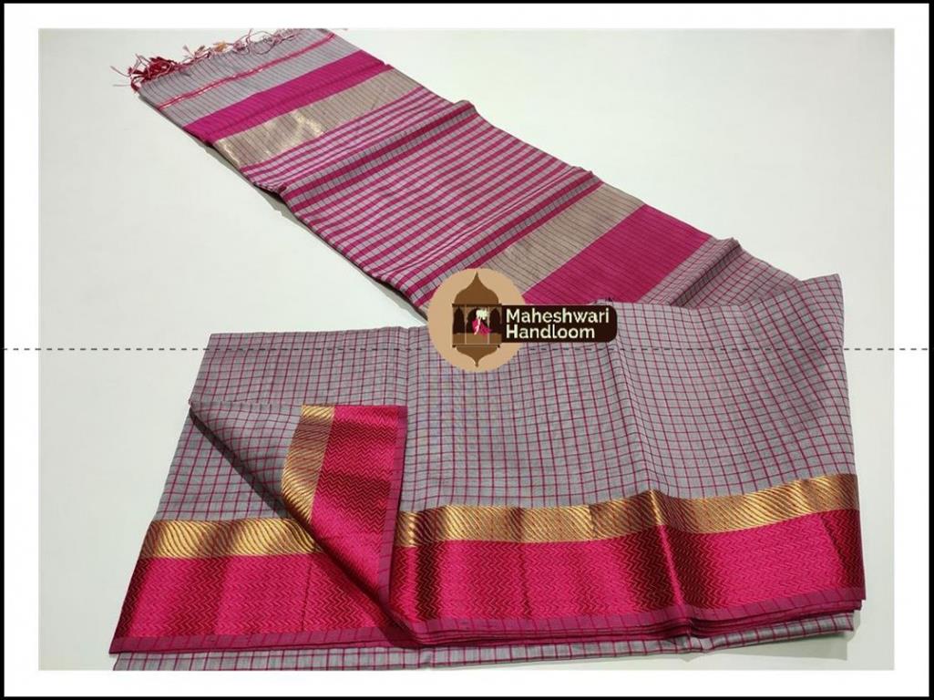 Maheshwari Purple Grey Checks Body Saree