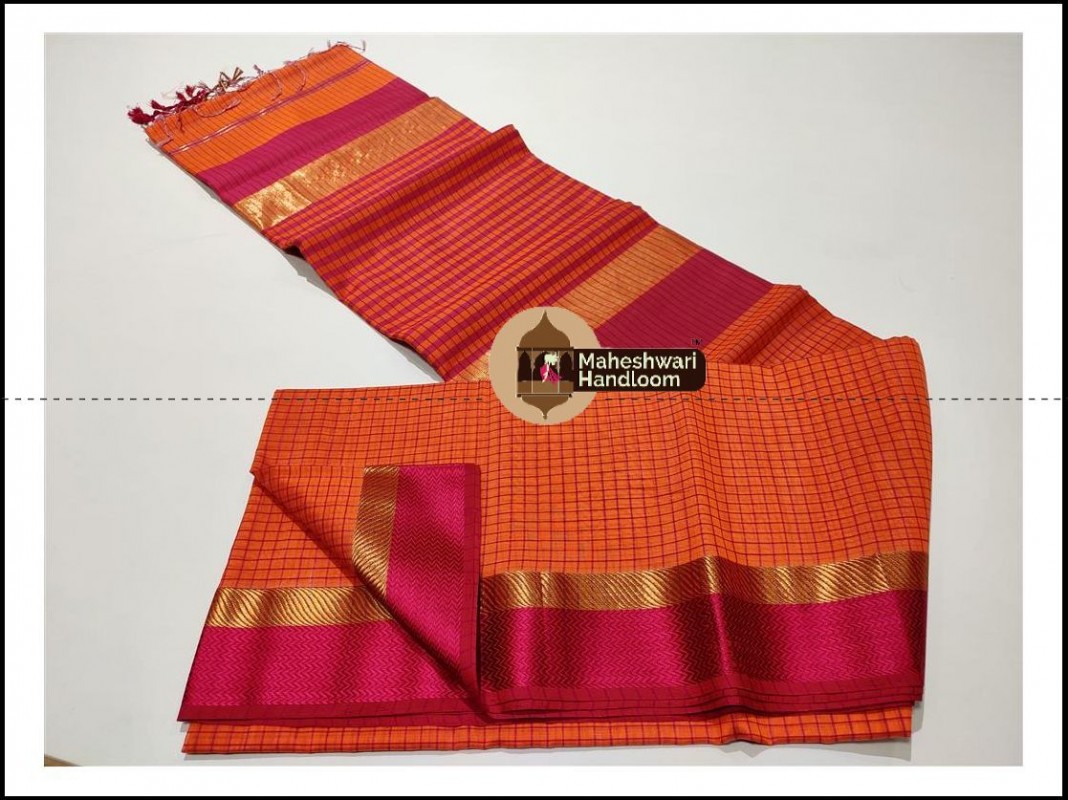 Maheshwari Mustard Orange Checks Body Saree
