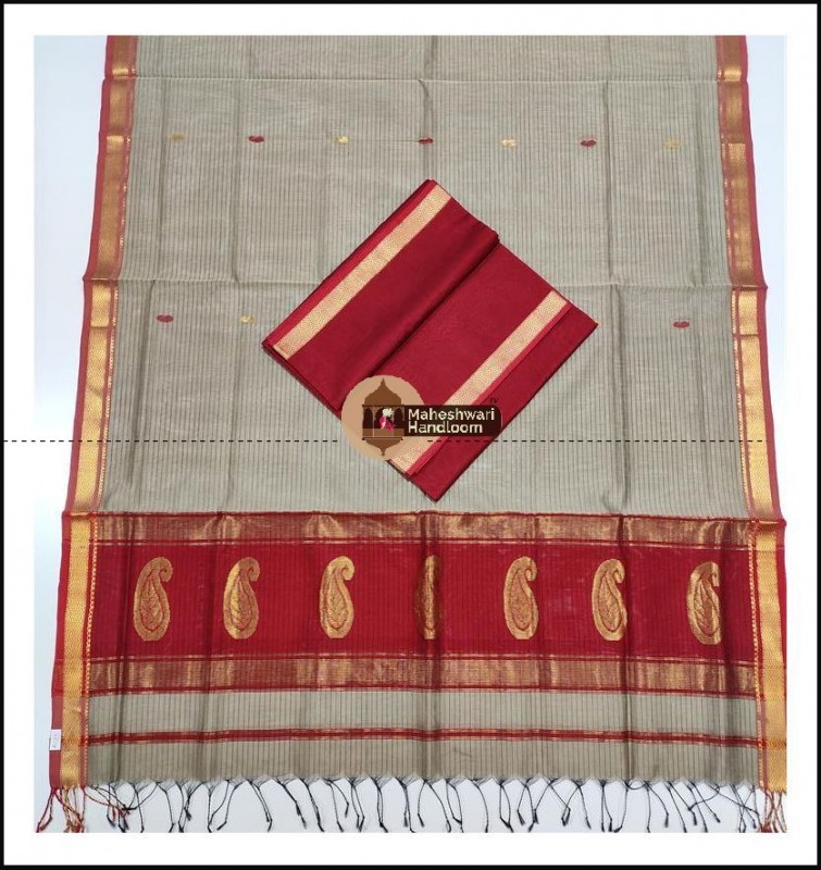 Maheshwari Maroon Red-Tussar Buta Buti Weaving Top Dupatta Material
