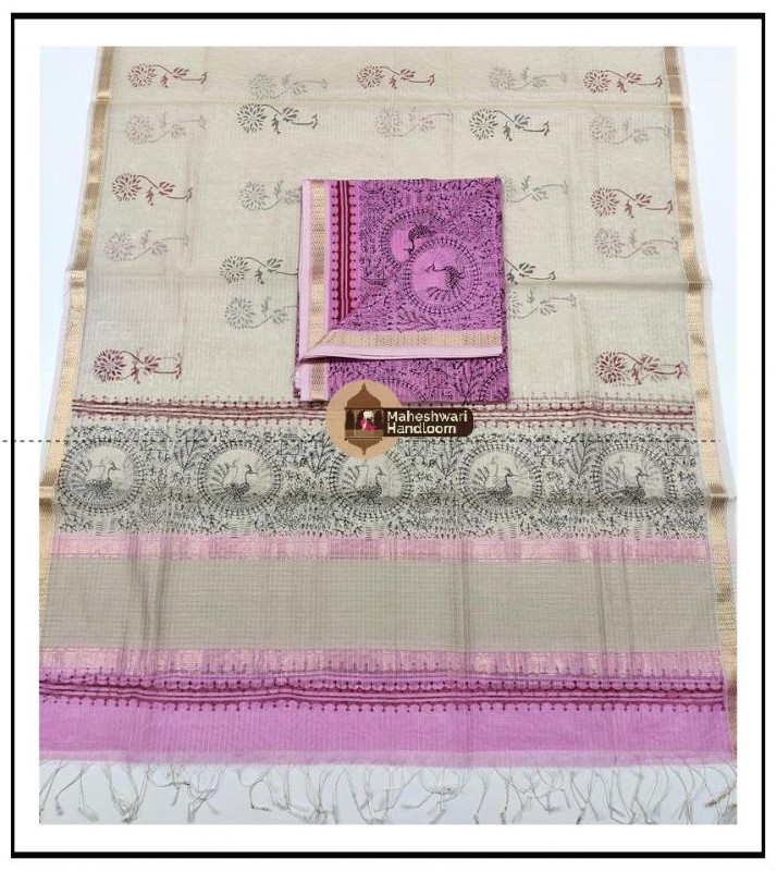 Maheshwari Baby Pink -Offwhite Handblock Printed Suit