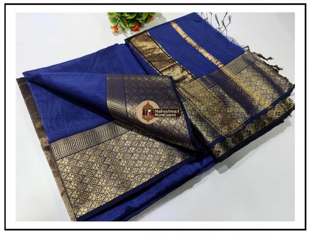 Maheshwari Blue zari Flower Border saree