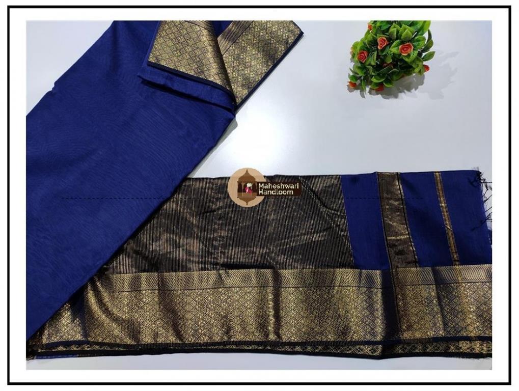 Maheshwari Blue zari Flower Border saree