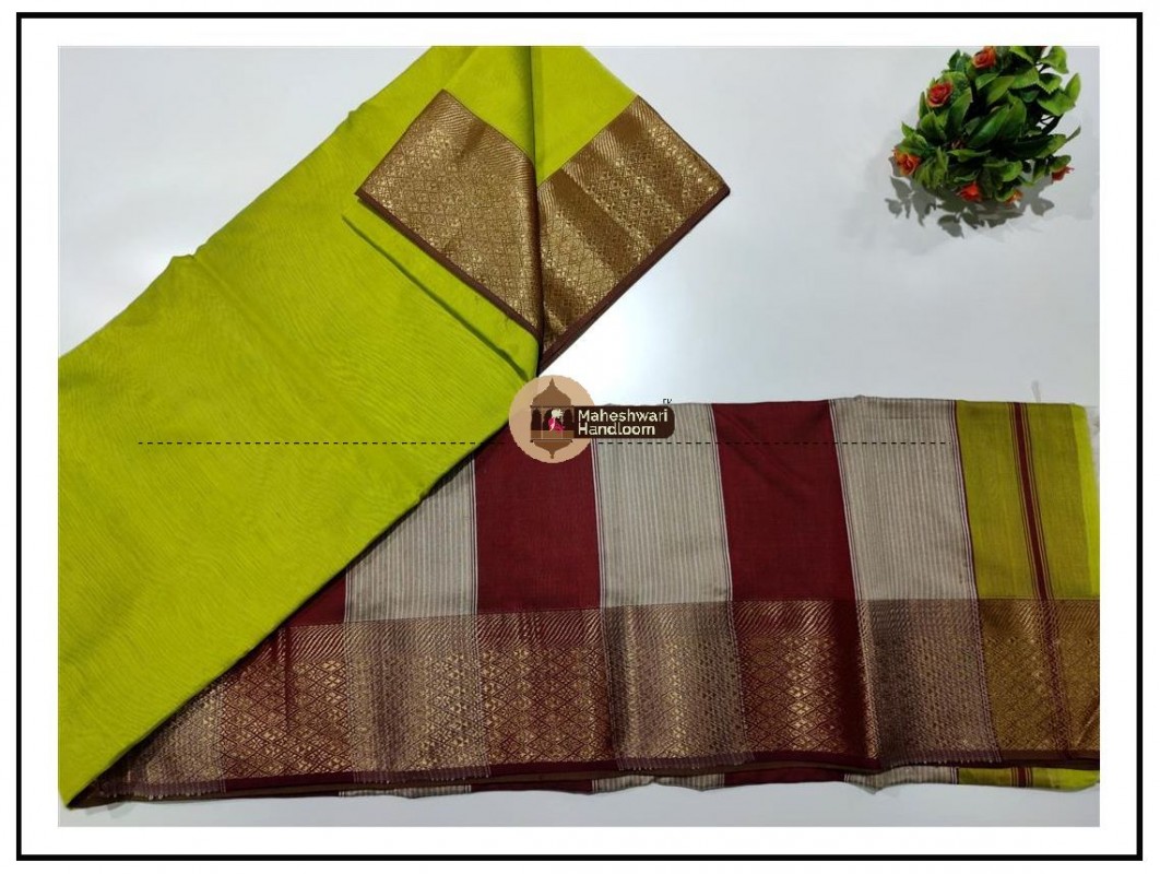 Maheshwari Green Zari Flower Border Saree