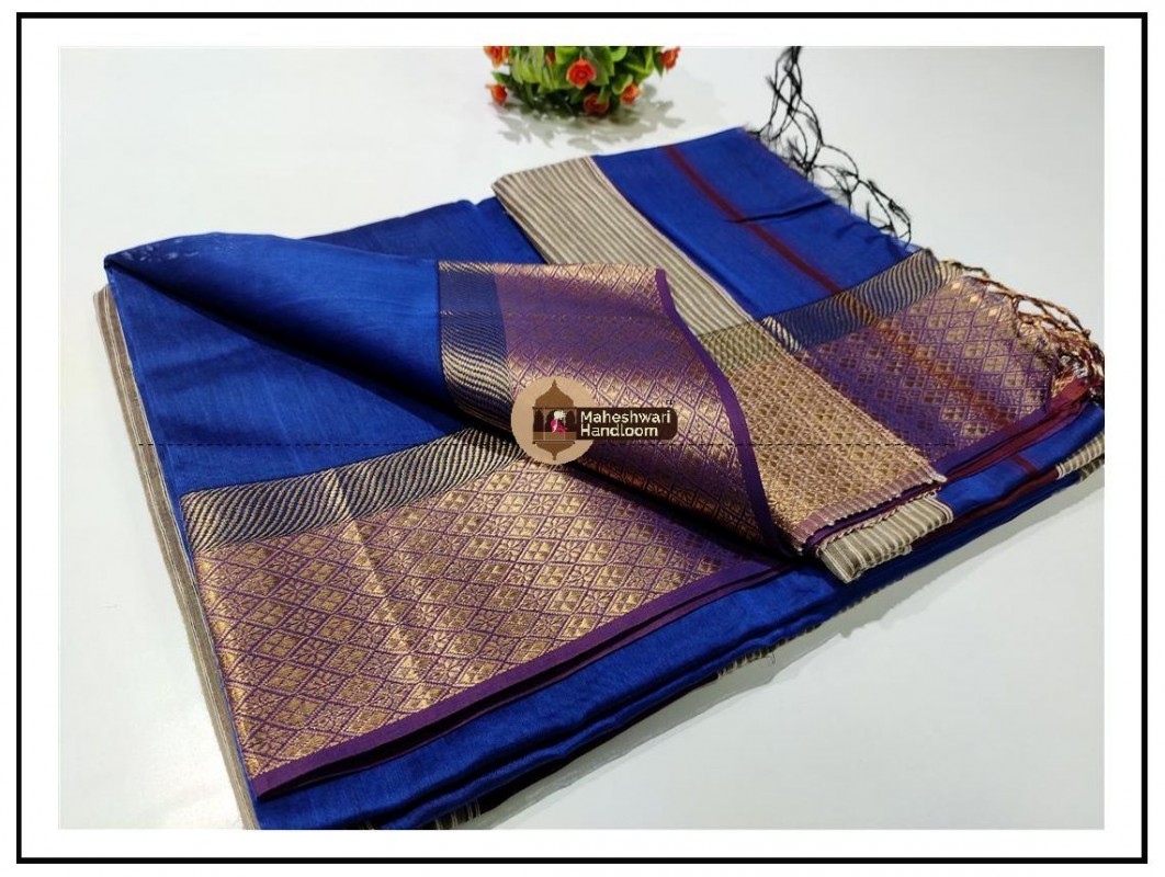Maheshwari Blue zari Flower Border saree