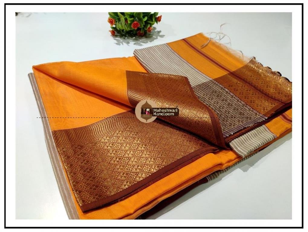 Maheshwari Orange zari Flower Border saree