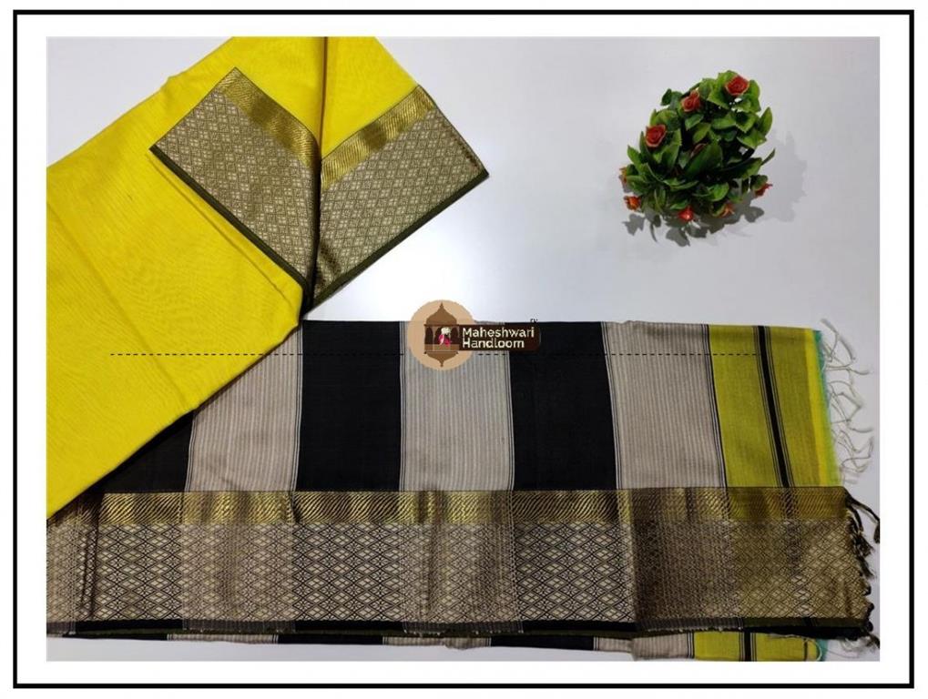 Maheshwari Yellow Resham Flower Border Saree