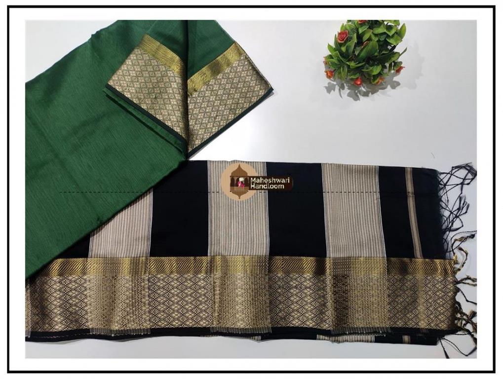 Maheshwari Chuney Green Resham Flower Border Saree