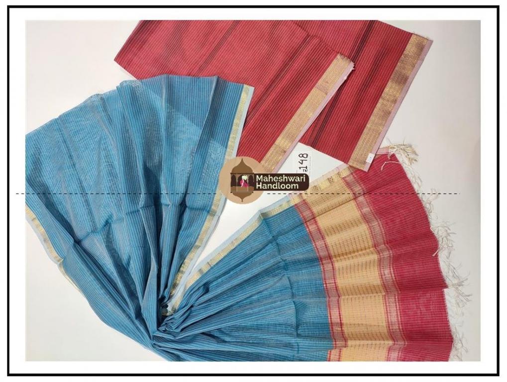 Maheshwari Rani Pink - Sea Blue Top Dupatta Material