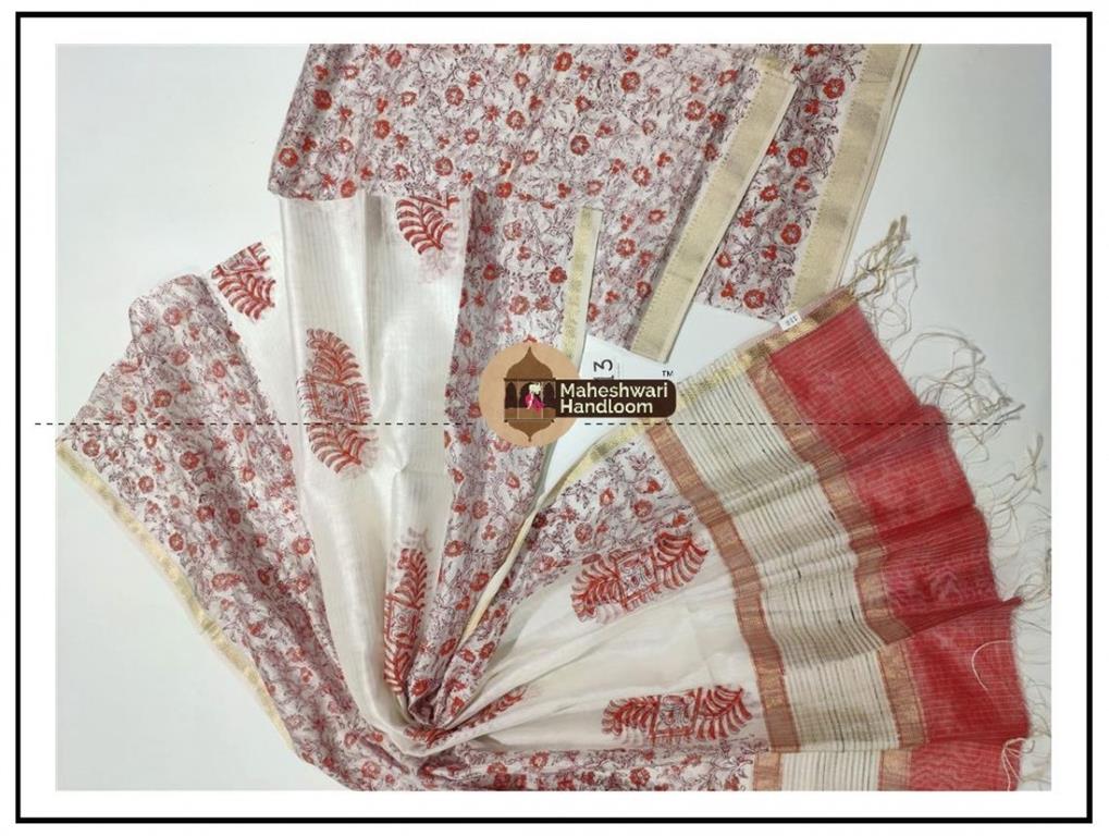 Maheshwari White Handblock Printed Suit