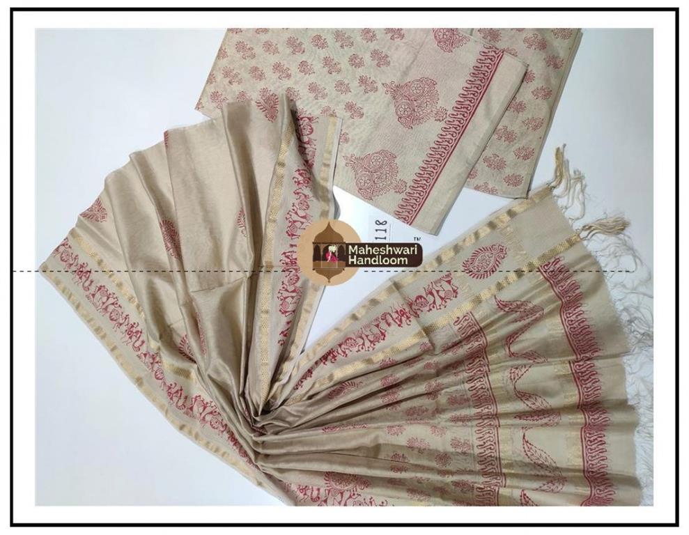 Maheshwari White Handblock Printed Suit