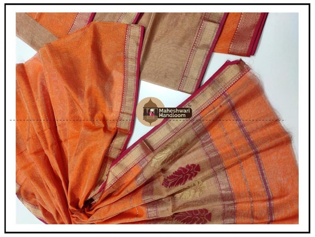 Maheshwari Tissue Tussar-Orange Dress Material