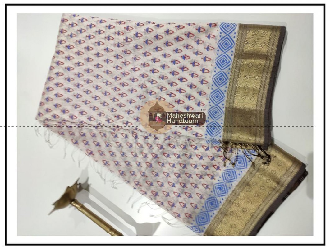 Maheshwari White Handblock Print Saree