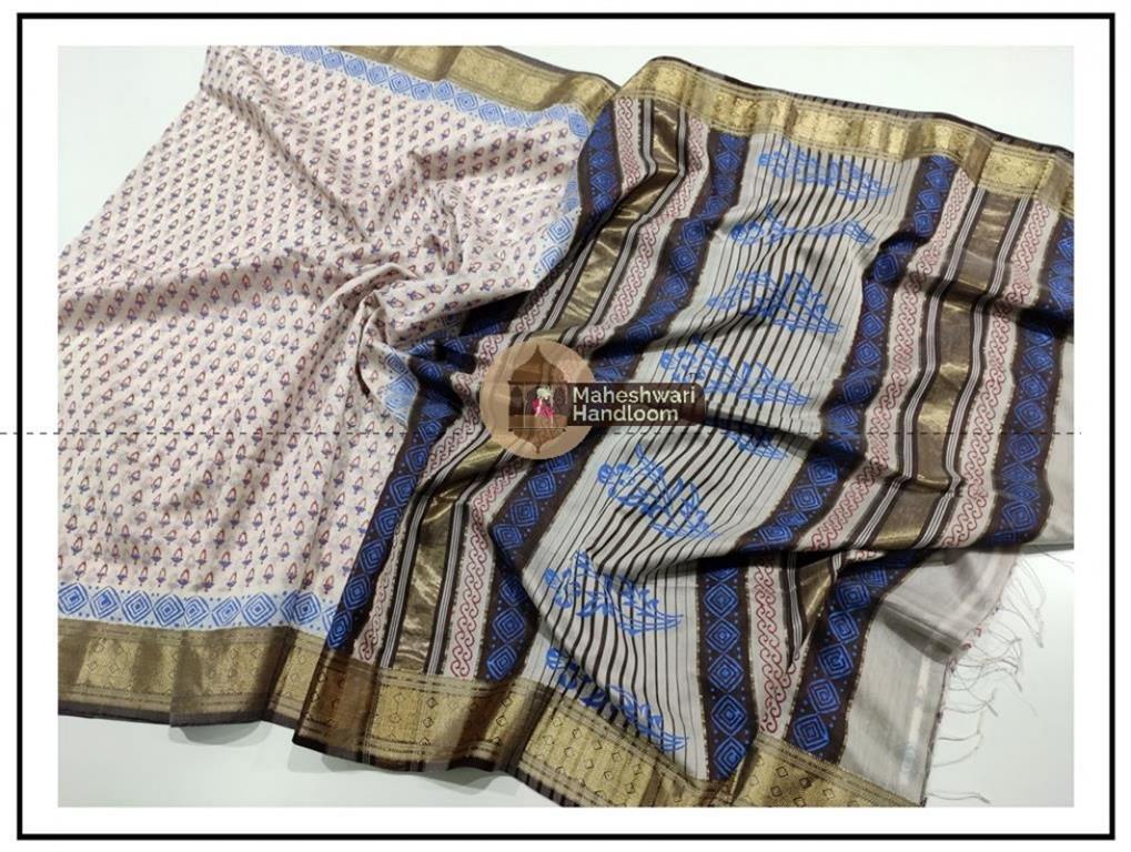 Maheshwari White Handblock Print Saree