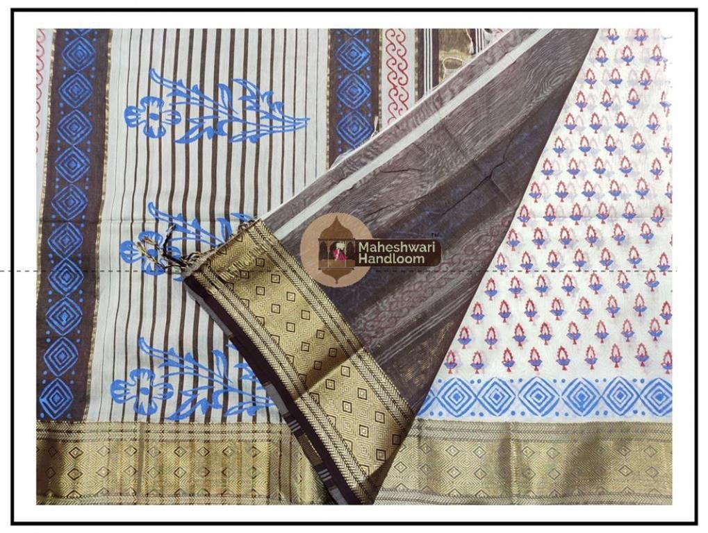 Maheshwari White Handblock Print Saree