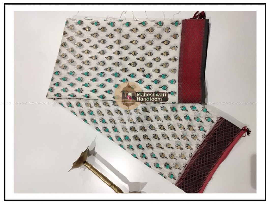 Maheshwari White Handblock Print Saree