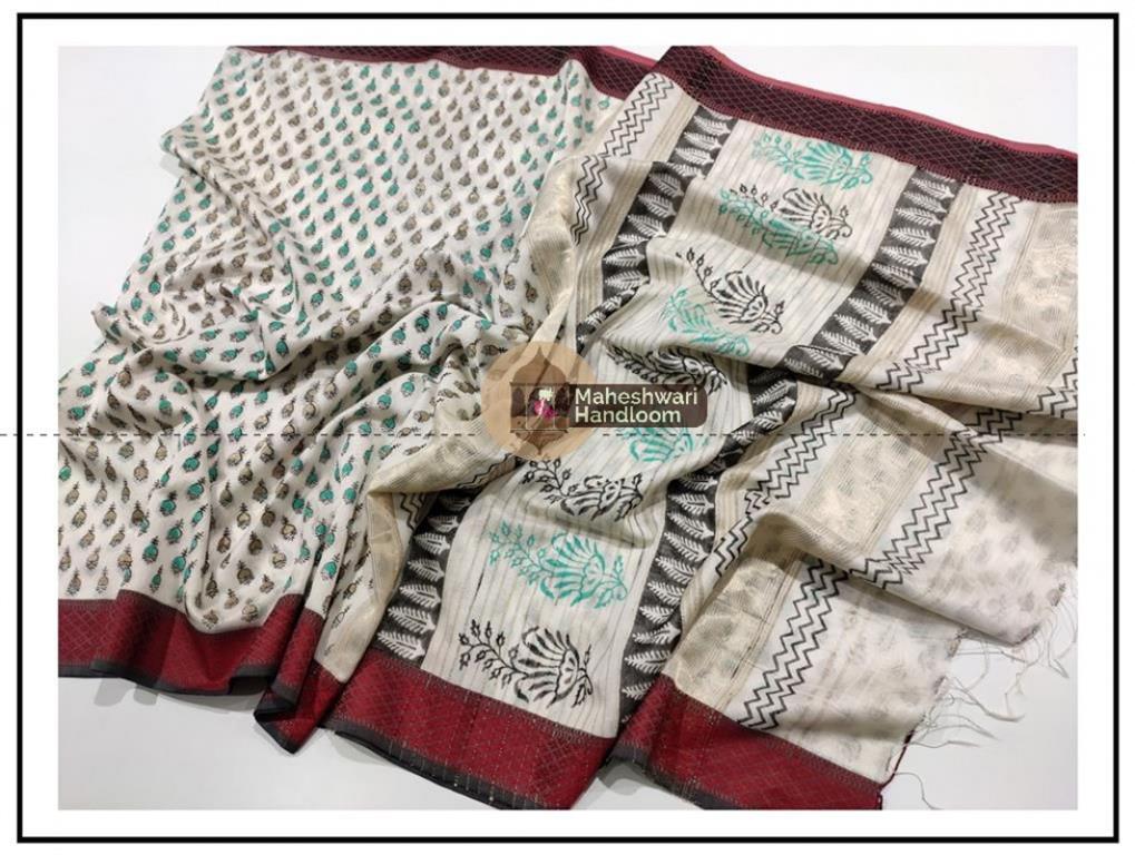 Maheshwari White Handblock Print Saree