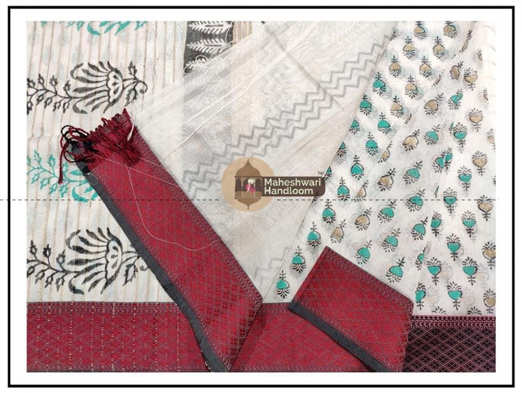 Maheshwari White Handblock Print Saree