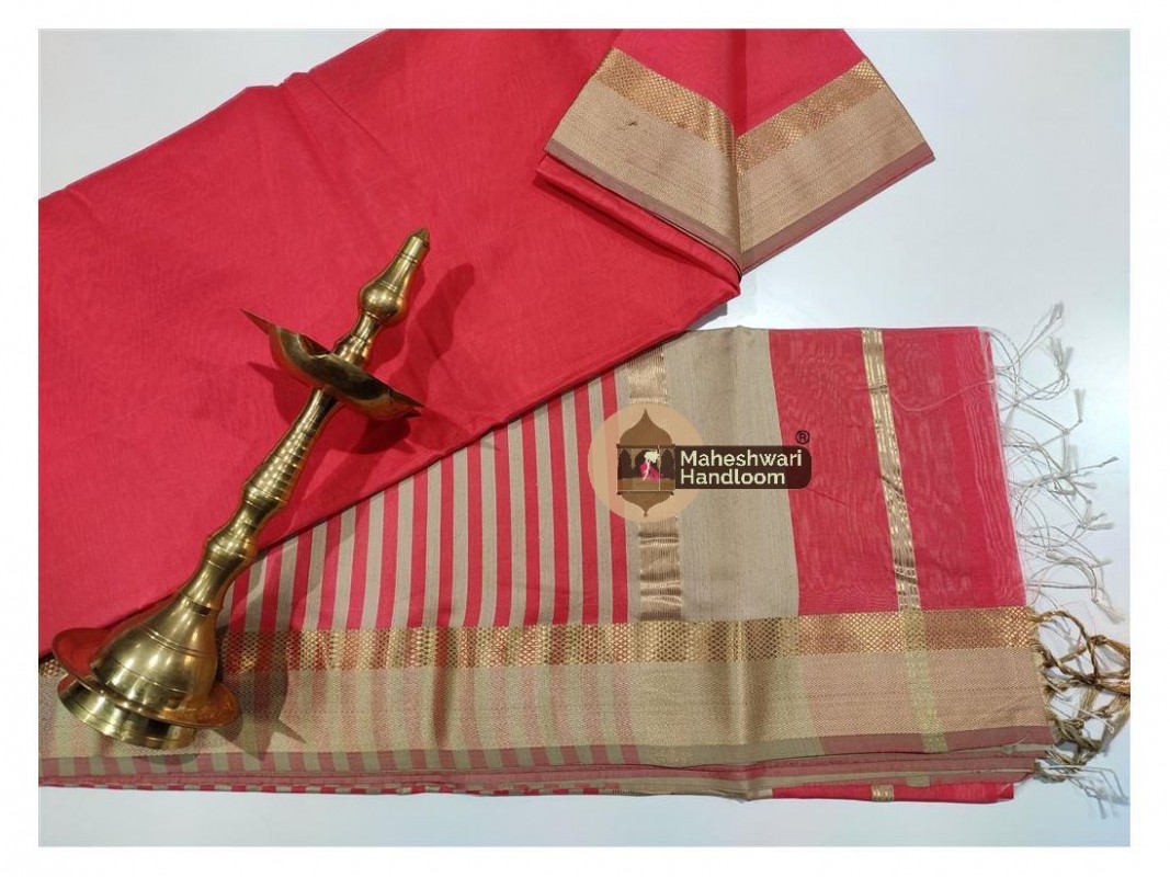 Maheshwari Tomato Red Resham Thread Border saree