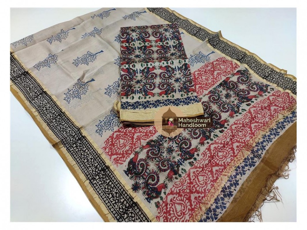 Maheshwari Offwhite Tussar Bagru Printed Suit