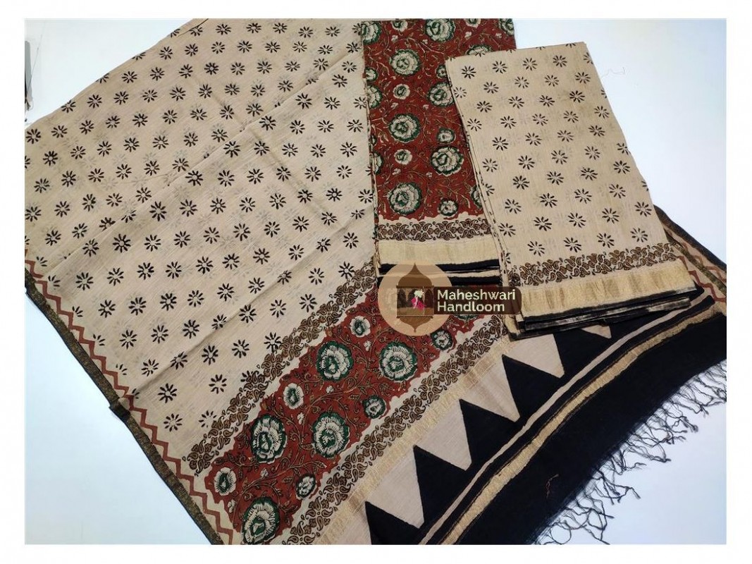 Maheshwari Maroon Red- Tussar Yellow Bagru printed  Suits